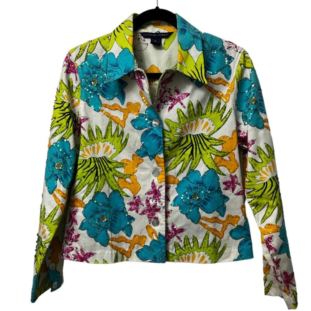 Catherine Stewart M Women’s Floral Sequin Flower Denim Button Jacket 70s vibe